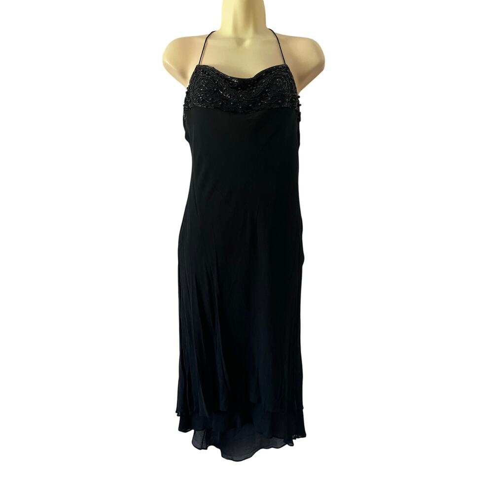 Express Vintage Black Asymmetrical Beaded Silk Dress Y2K Size 11
